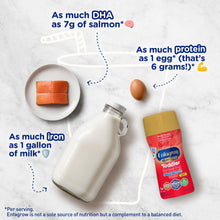 Enfagrow Toddler formula bottle with milk, salmon, and egg on a light background